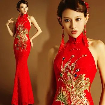 chinese traditional dress red long mermaid qipao lace style wedding cheongsam dress modern phoenix elegant plus size embroidery