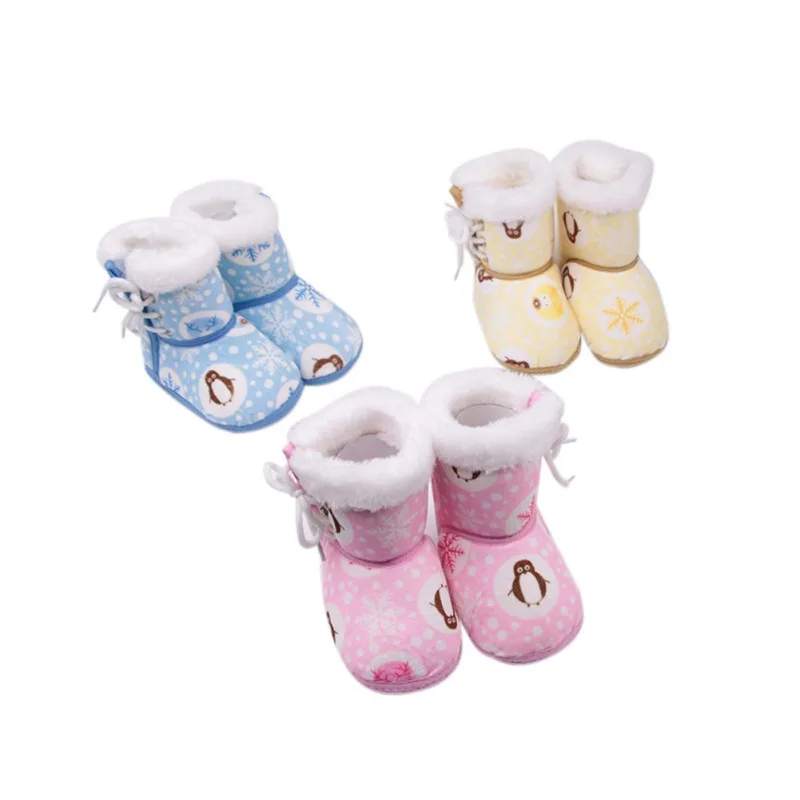 Детские зимние сапоги хлопковая обувь ботинки для маленьких девочек мягкий теплый Снежинка принтом пингвина трубки ребенка с завязками