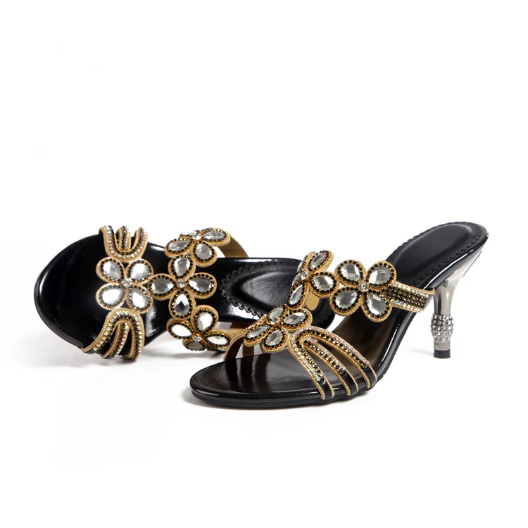 G-sparrow 2018 Women Summer Fashion Diamond High Heeled Slippers Ladies Crystal Peep Toe Shoes Golden Purple Black 8cm11