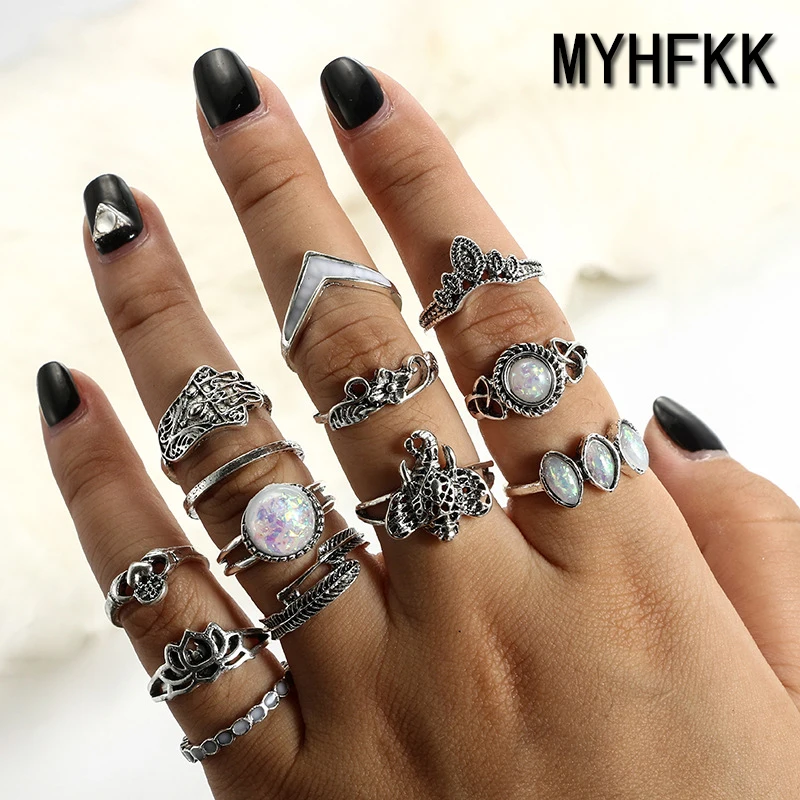

MYHFKK13 pieces / set punk elephant retro ring silver ring set sun stone ring female ring jewelry gift JZ024