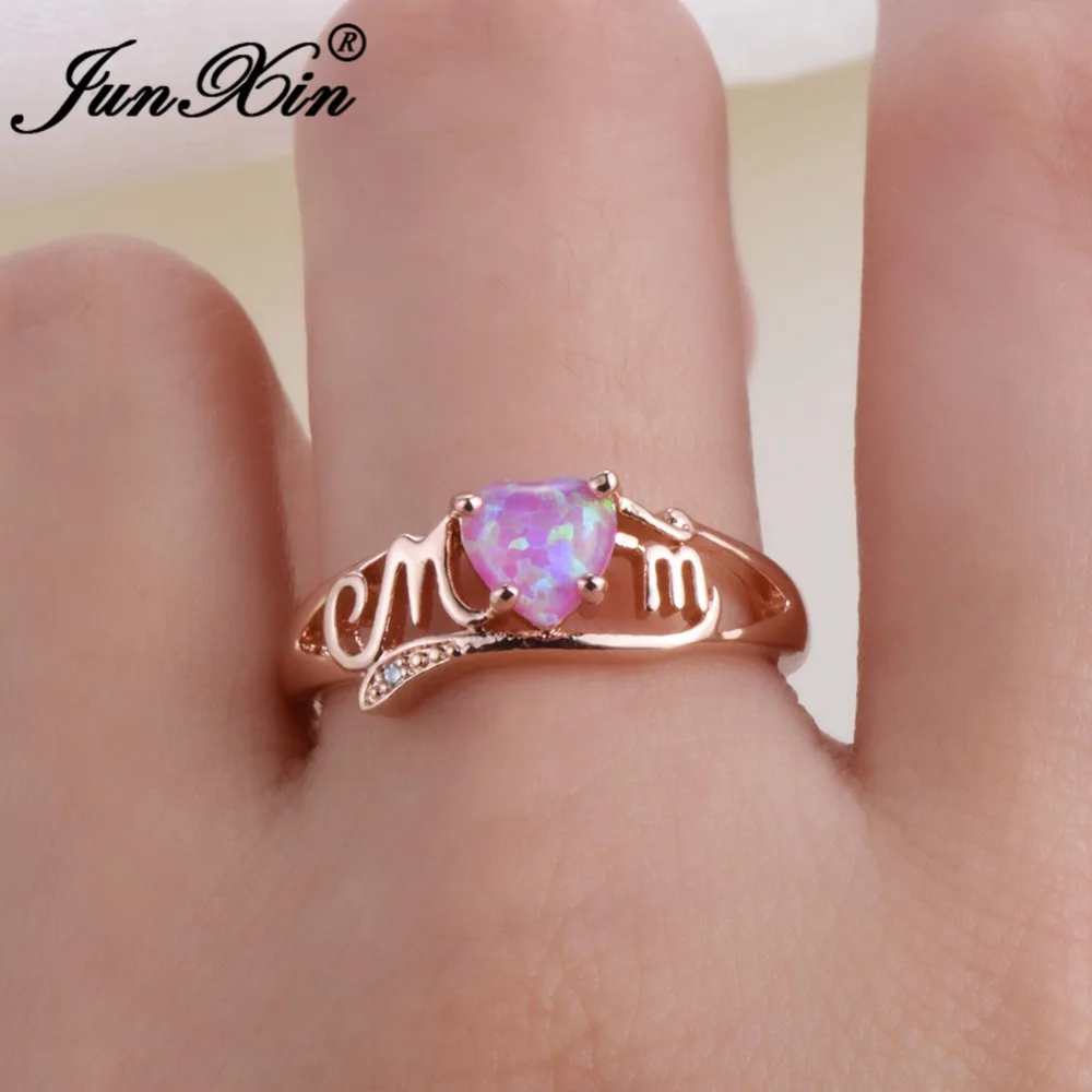 JUNXIN Unique MOM Letter Ring Elegant Heart White Fire Opal Jewelry Vintage Rose Gold Filled Rings For Women Mothers Day Gift