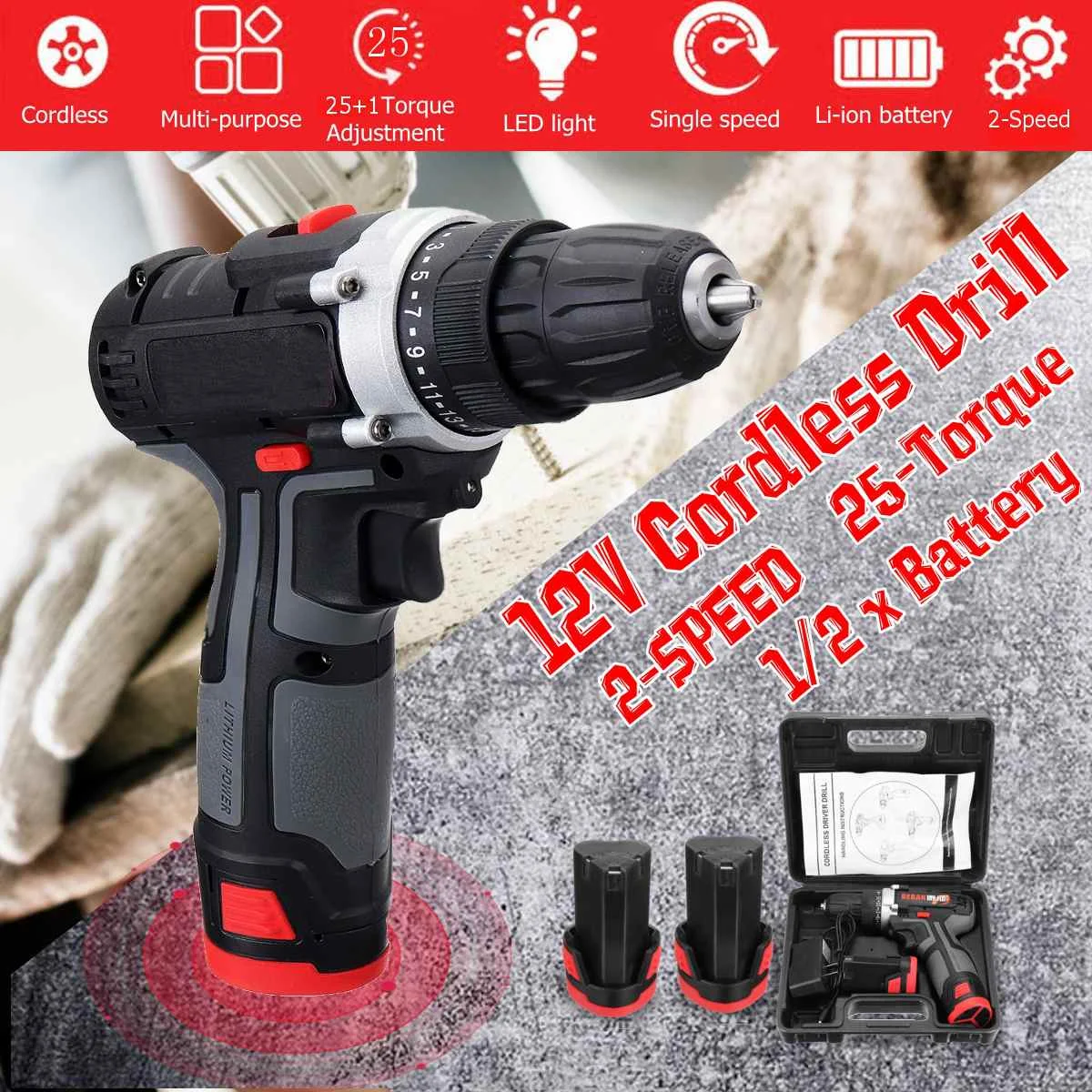 

12V Double-Speed Electric Cordless Drill screwdriver power tools, with Working LED light,Electric Impact Drill Tools