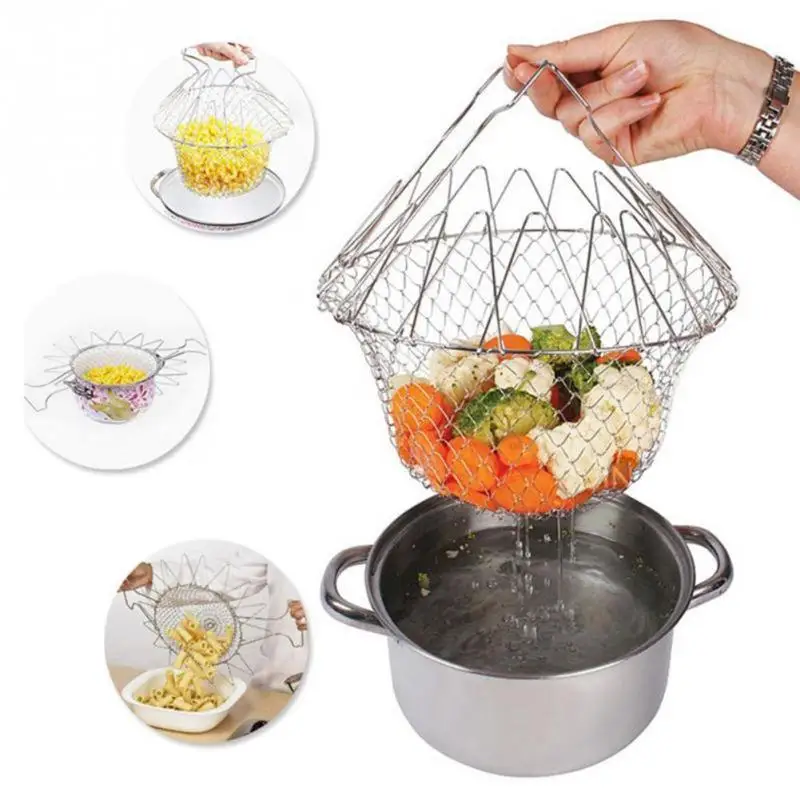 

Magic Basket Foldable Steam Strainer Stainless Steel Colander Drainer Frying French Fryer Sink Strainer Cooking Basket
