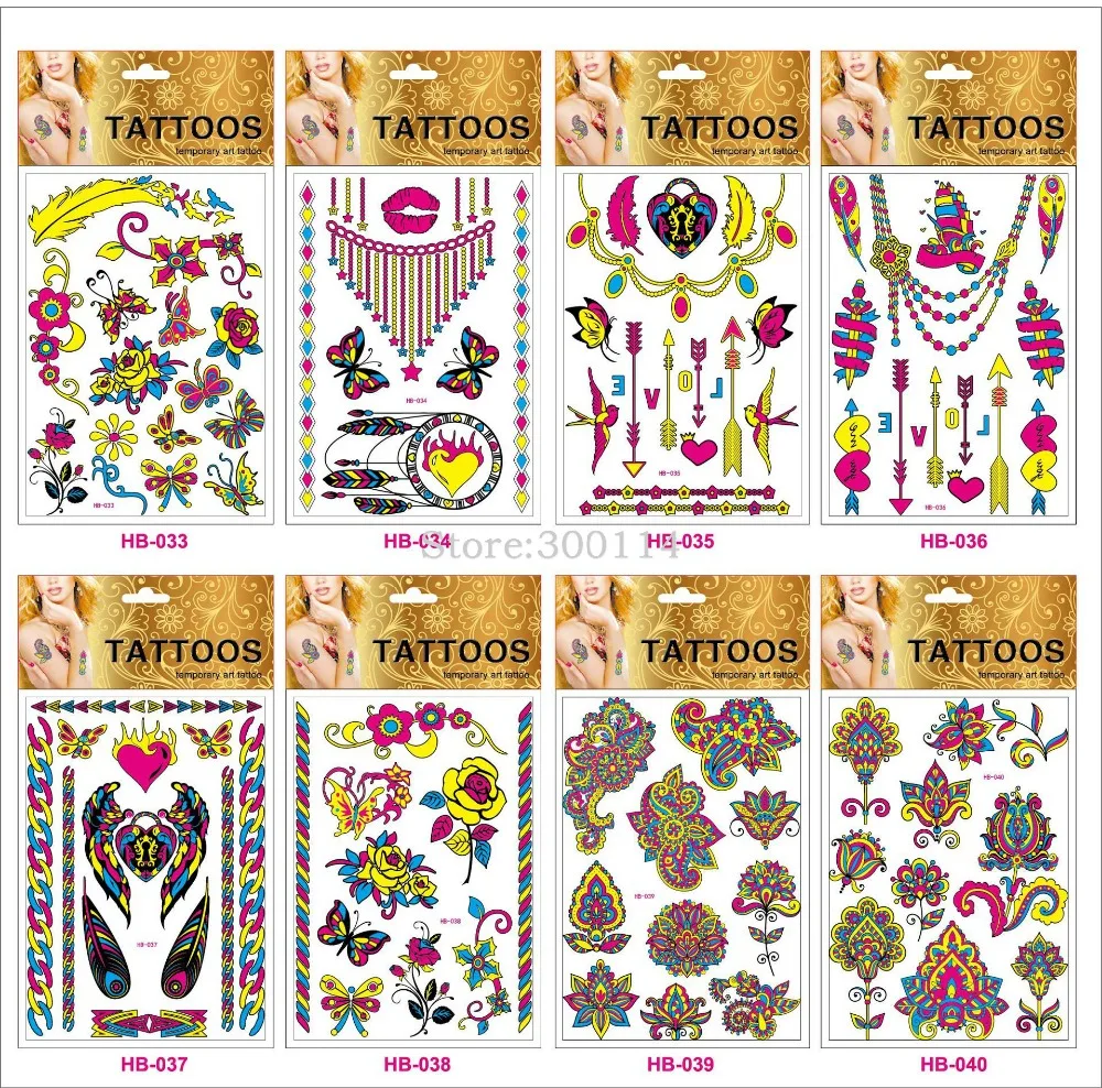 Louco do Partido Atacado Luminosa Fluorescente Luz Férias Tatuagem Temporária Harajuku Boate Fluorescência Tatuajes Corpo 500 Pcs 22 fluorescente luz Férias Tatuagem Temporária Harajuku Boate Fluorescência Tatuajes Corpo