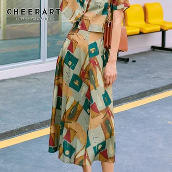 

Cheerart Vintage Long Skirt Women Summer High Waist A Line Skirt Ladies Color Block Print Brown Midi Skirt 2019 Clothing