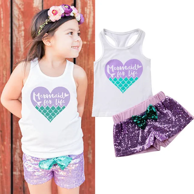 Sequin Mermaid Baby Clothes Sets Summer Sleeveless Vest T Shirts Tops