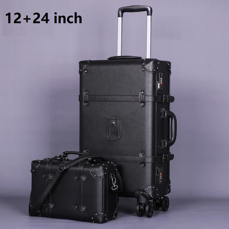 Полиуретановый чемодан на колёсиках, винтажный кожаный чемодан на колесиках, Женская дорожная сумка на колесиках, Мужская багажная сумка - Цвет: 12 and 24 inch