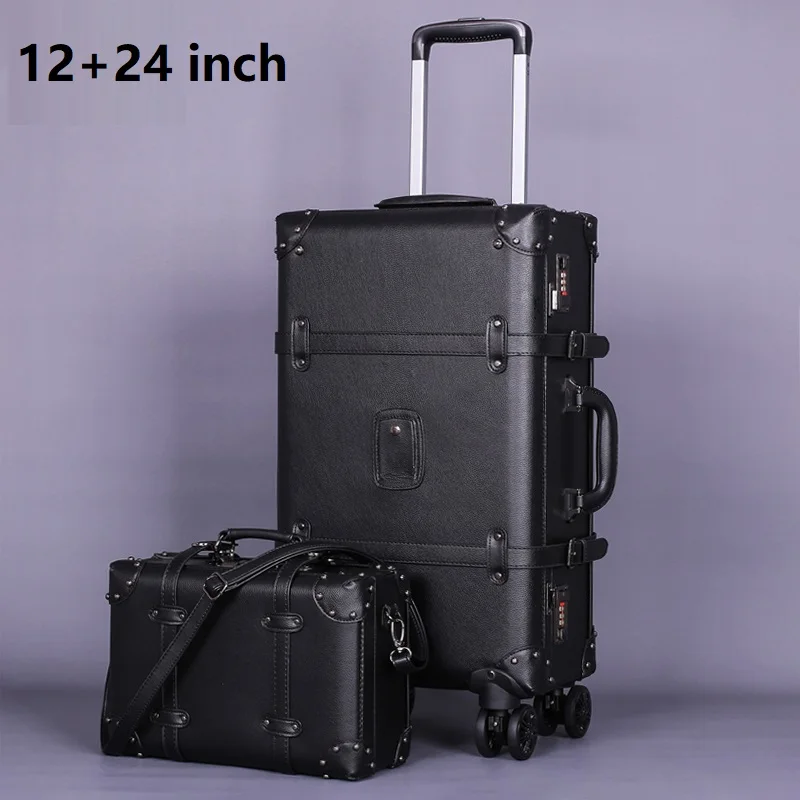 12 and 24 inch Полиуретановый чемодан на колёсиках, винтажный кожаный чемодан на колесиках, Женская дорожная сумка на колесиках, Мужская багажная сумка - Цвет: 12 and 24 inch