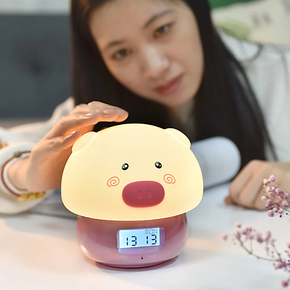 3 in 1 Pig LED Night Light with Alarm Clock Recorder Remote Touch Sensor Colorful USB Silicone Children Kids Baby Bedside Lamp (12)