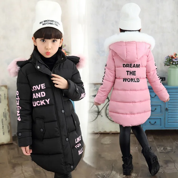 

girls winter coat big fur collar hooded cotton long coat Korean thickening children's suit big children's parka all-match