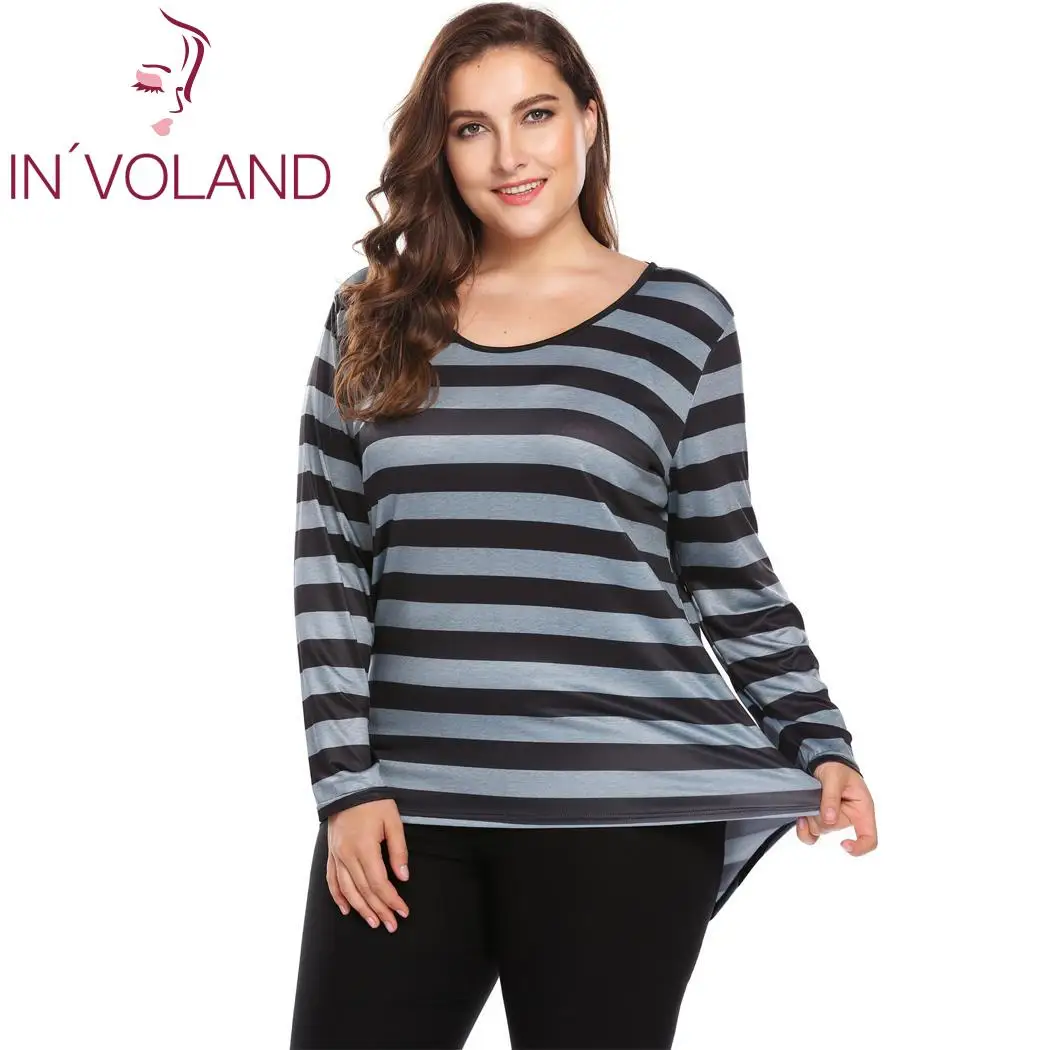 

IN'VOLAND Women T-Shirts Tops Plus Size L-4XL Autumn Casual Long Sleeve Pullovers Criss Cross High-low Large Tshirt Big Size