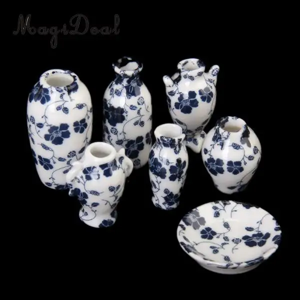 7Pcs/Set 1/12 Miniature Dollhouse Porcelain China Ceramic Chinese Porcelain Vase Blue Vine for Dolls Home Furniture Decor Toys