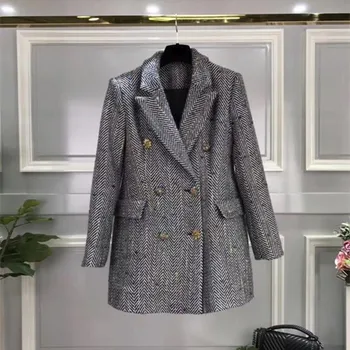 

Handmade Luxury Wool Jacket for Women Double Breasted British Vintage Herringbone Colorful Buttons Woolen Suit Coat