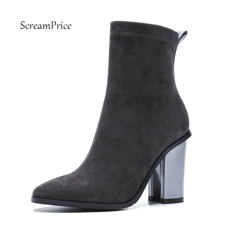 

Women Suede Thick High Heel Ankle Boots Fashion Zipper Boots Ladies Round Toe Fall Winter Bootie Black Gray Khaki