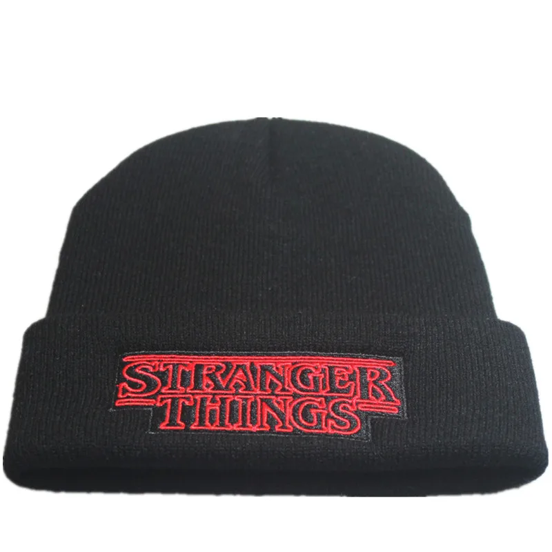 Необычные вещи шапка зимняя теплая Skullie Beanie хип хоп вышитая Дастин черная вязаная