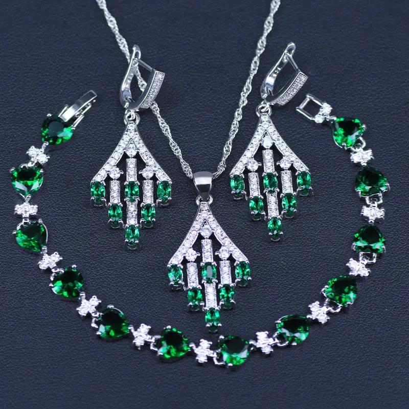 

Square Green Cubic Zirconia White CZ 925 Sterling Silver Jewelry Sets For Women Party Earrings/Pendant/Necklace/Bracelets