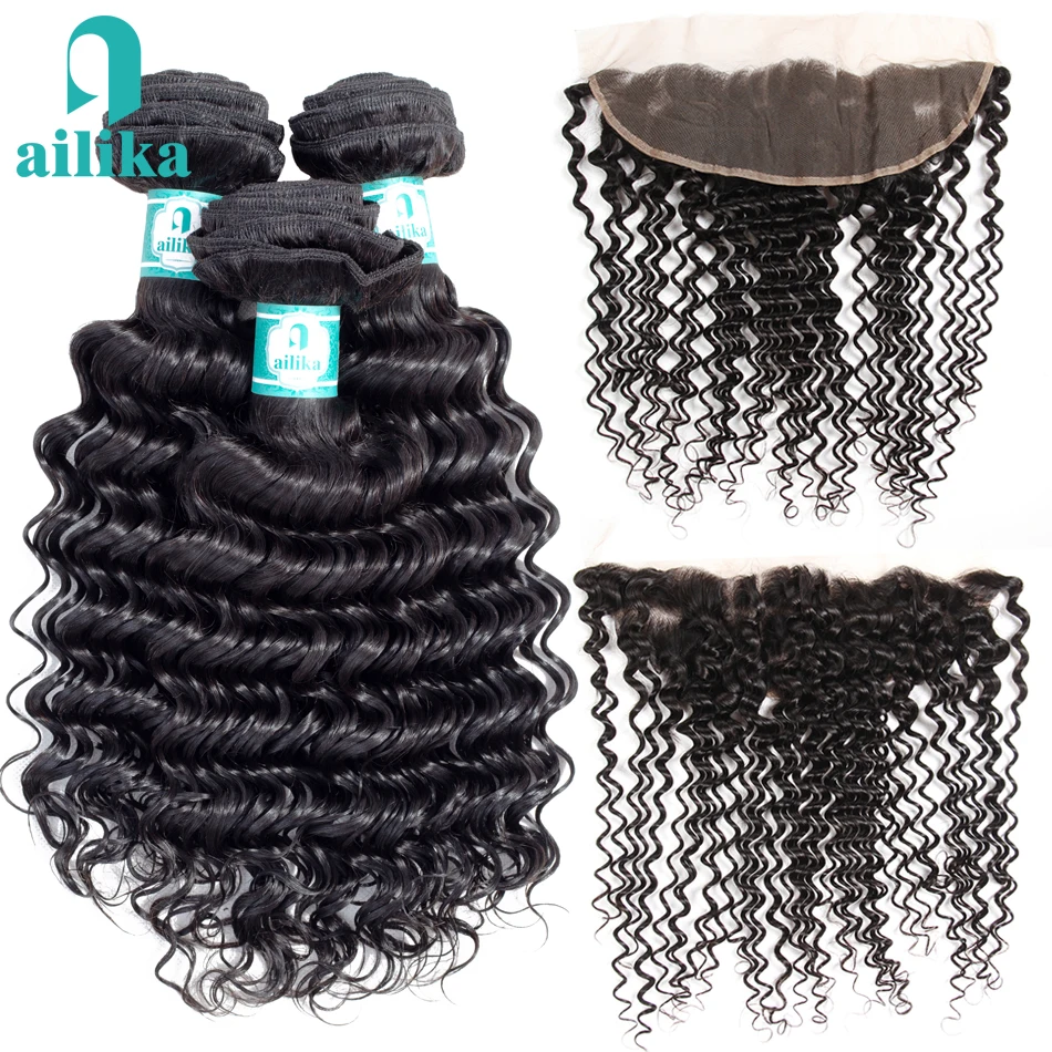 

AILIKA Hair Deep Wave Bundles With Frontal Brazilian Hair Weave Bundles With Frontal Non Remy Human Hair Bundles With Closure