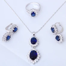 Azul brillante de Plata llena de joyería de Moda AAA circón Joyería Conjuntos Collar Aretes anillos sz #6.75 #7 #7.75 JS408