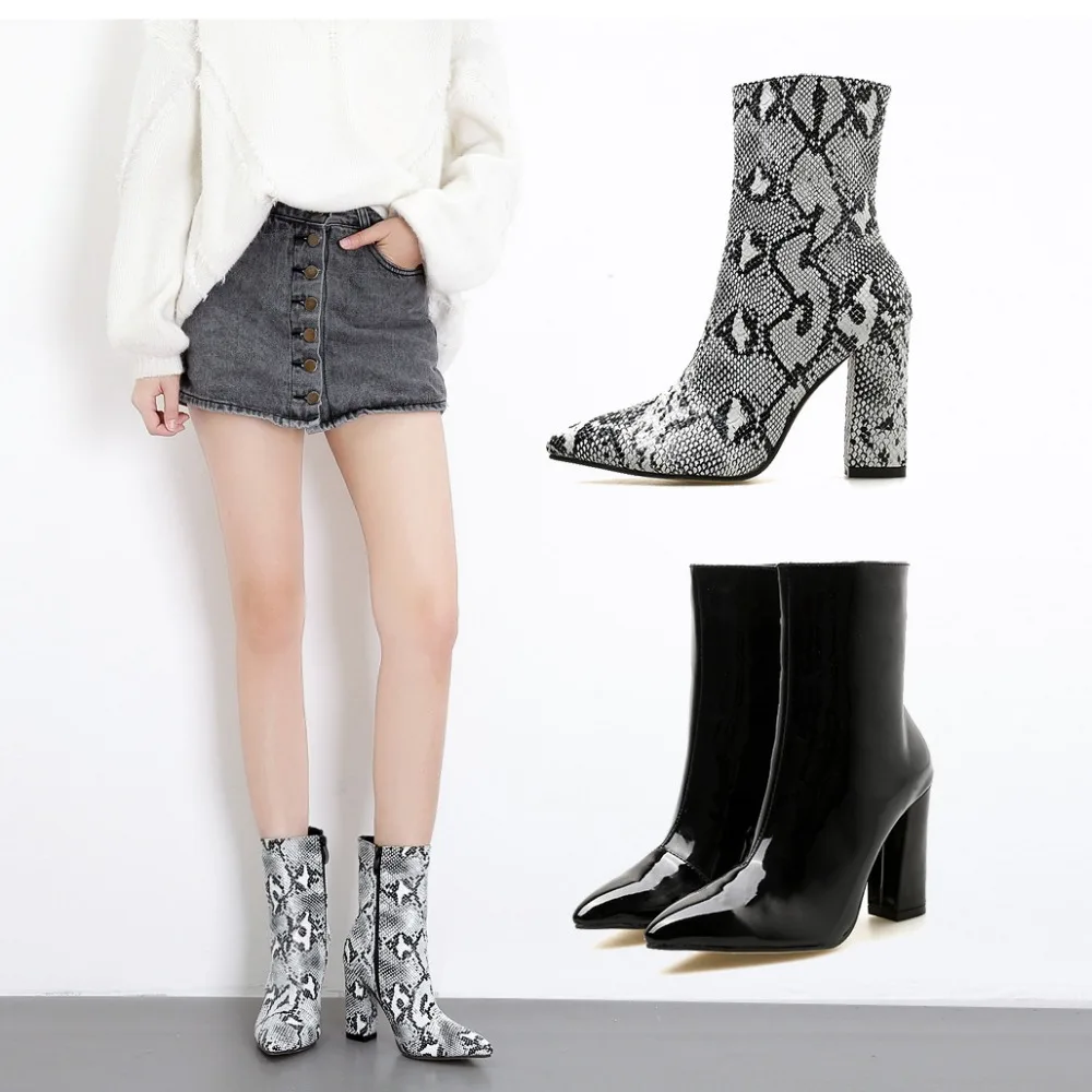 

2018 New Women Shoes Zipper Boots Snake Print Ankle Boots Pumps Square heel Fashion Pointed toe Sexy High Heels 9CM Ladies Shoes