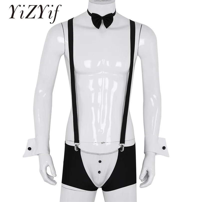 

YiZYiF 4Pcs/Set Boxer Men Underwear with Suspender Shoulder Straps Bow Tie Collar Bracelets Groom Tuxedo Set Boxer Hombre Boxer