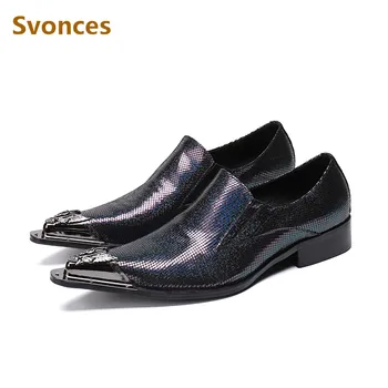 

Zapatillas Hombre Fashion Dressing Mens Shoes Luxury Genuine Leather Plaid Shining New Male Flats Gentleman Metal Pointed Toe