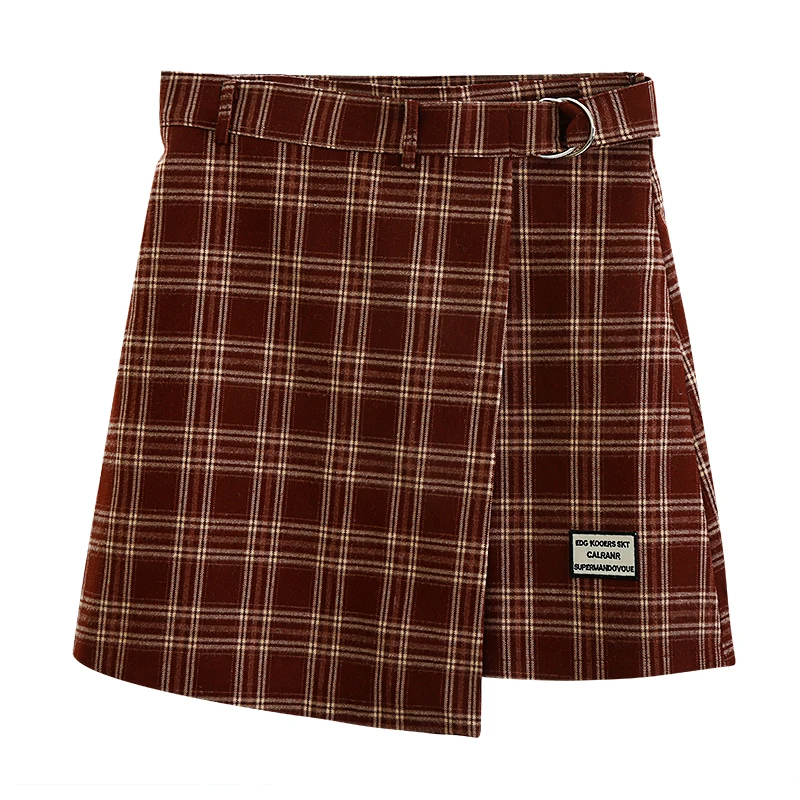 

PERHAPS U red black yellow plaid women high waist a-line fashion casual hairy skirts zipper short S0143