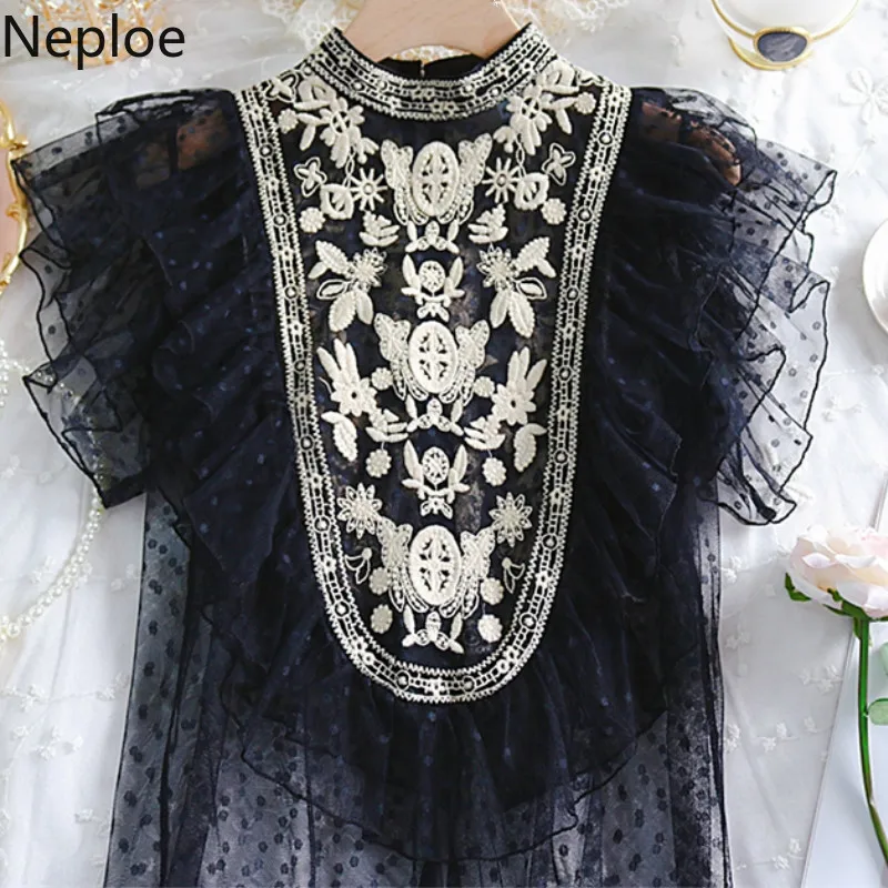 Neploe, винтажные кружевные женские блузки, прозрачная сетчатая блузка со стоячим воротником и рюшами, рубашка, женские топы, вышивка, черные, Белые блузы