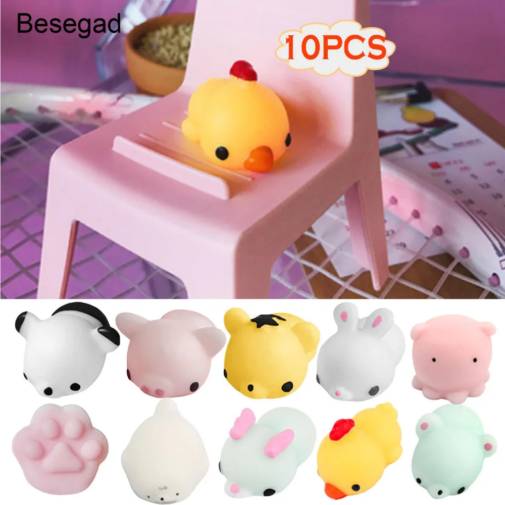 

Besegad 10PCS/Lot TPR Kawaii Cute Soft Cat Panda Rabbit Chick Squishy Squeeze Cartoon Animal Healing Fun Toy for Relieves Stress