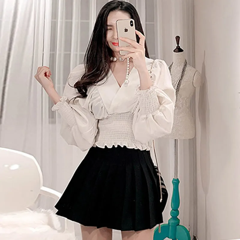 

2019 Summer OL V-Neck Vintage Cloth Women Lantern Long Sleeve High Waist Chiffon Blouse Shirt