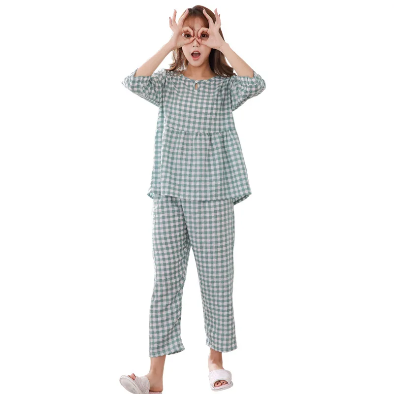 

spring autumn lattice decoration interwoven cotton women pajamas plaid trend ladies pijamas five-point sleeves trend home wear
