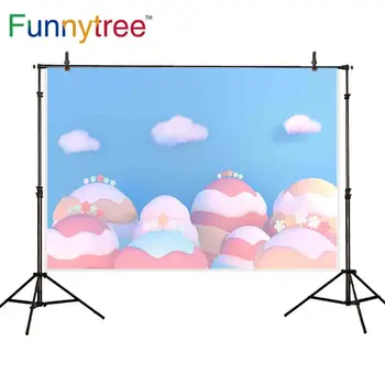 

Funnytree photography birthday backdrops Baby blue sky clouds colorful cute small flowers Dessert candy bar photocall wallpaper