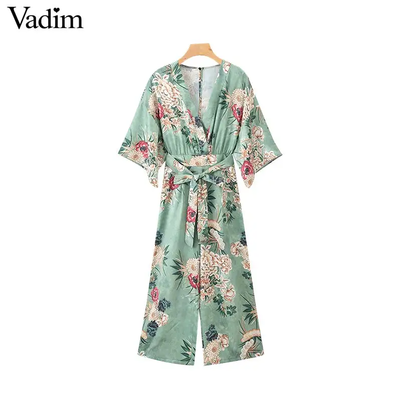 

Vadim women floral print wide leg jumpsuits short sleeve back zipper sashes pockets female casual sweet long playsuits KA890