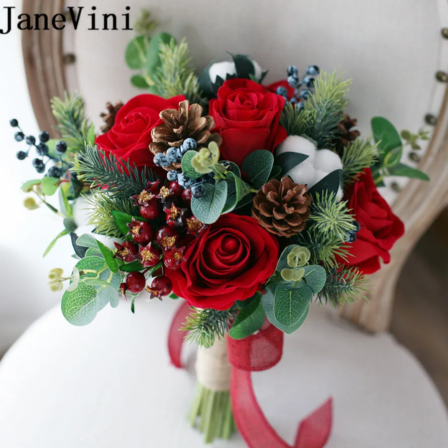 JaneVini Vintage Red Silk Flower Bouquet Boho Bridal Bouquets Artificial Cotton Pine Cone Flowers for Wedding Bridesmaid Bouquet