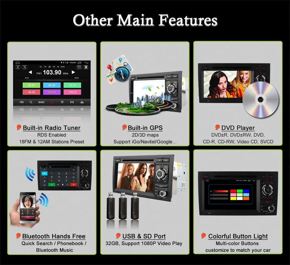 Discount vehicel 2 din Android 6.0 Octa 8 Core car dvd player FOR Audi A4 2002-2008 gps navigation wifi 4G Bluetooth DVR RDS USB 7