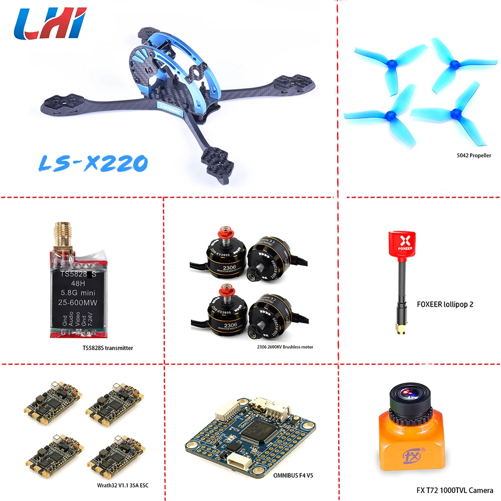 

LS-X220 Quadcopter Frame Kit of omnibusF4 V5 flight Controller Wraith32 ESC LHI 2306 brushless motor fpv camera with transmitter