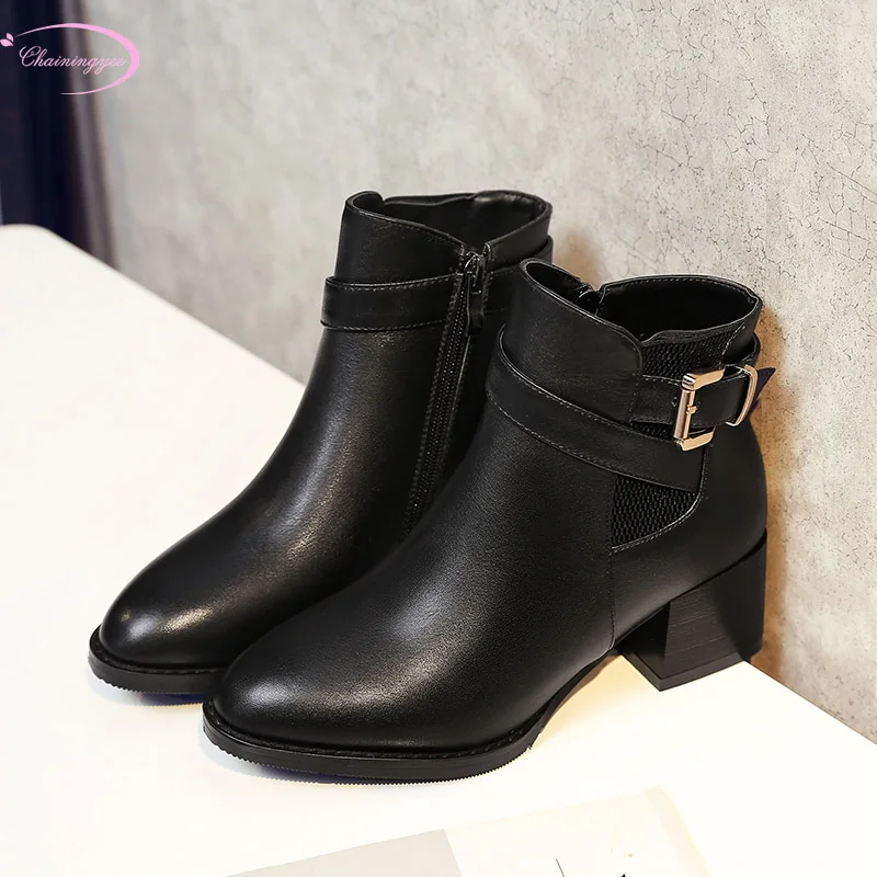 European style genuine leather autumn ankle boots fashion belt buckle zipper black thick heel motorcycle boots women's shoes European style genuine leather autumn ankle boots fashion belt buckle zipper black thick heel motorcycle boots women's shoes