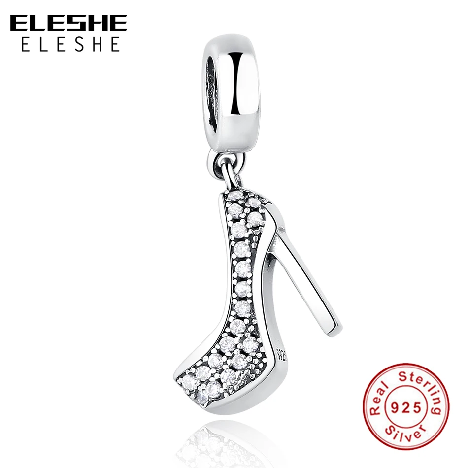 

ELESHE 100% 925 Sterling Silver Crystal CZ High-heeled Shoes Beads Charms Fit Pandora Bracelet Necklace DIY Jewelry Wedding Gift