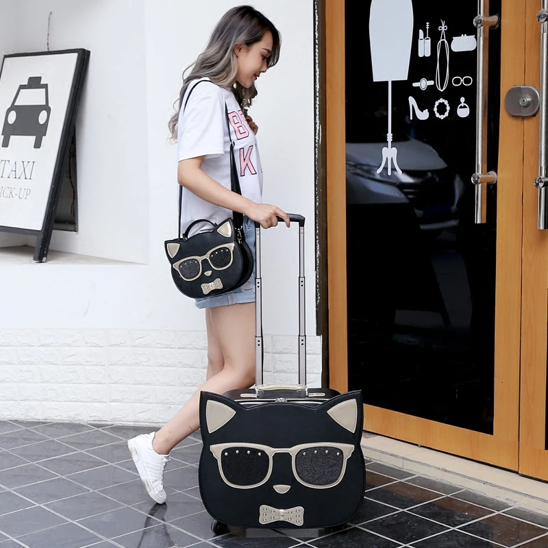 

New Cartoon Hello Cat 18 inches girl students trolley case luggage bag women rolling suitcase vs travle bag with Cosmetic bag