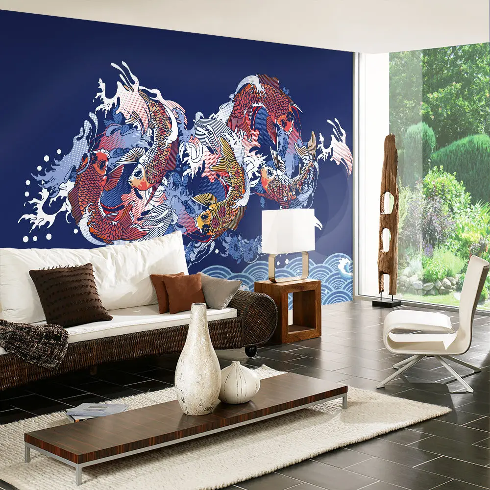 Custom wallpaper Chinese style fashion simple hand-painted auspicious clouds carp background wall decoration waterproof material Custom wallpaper Chinese style fashion simple hand-painted auspicious clouds carp background wall decoration waterproof material