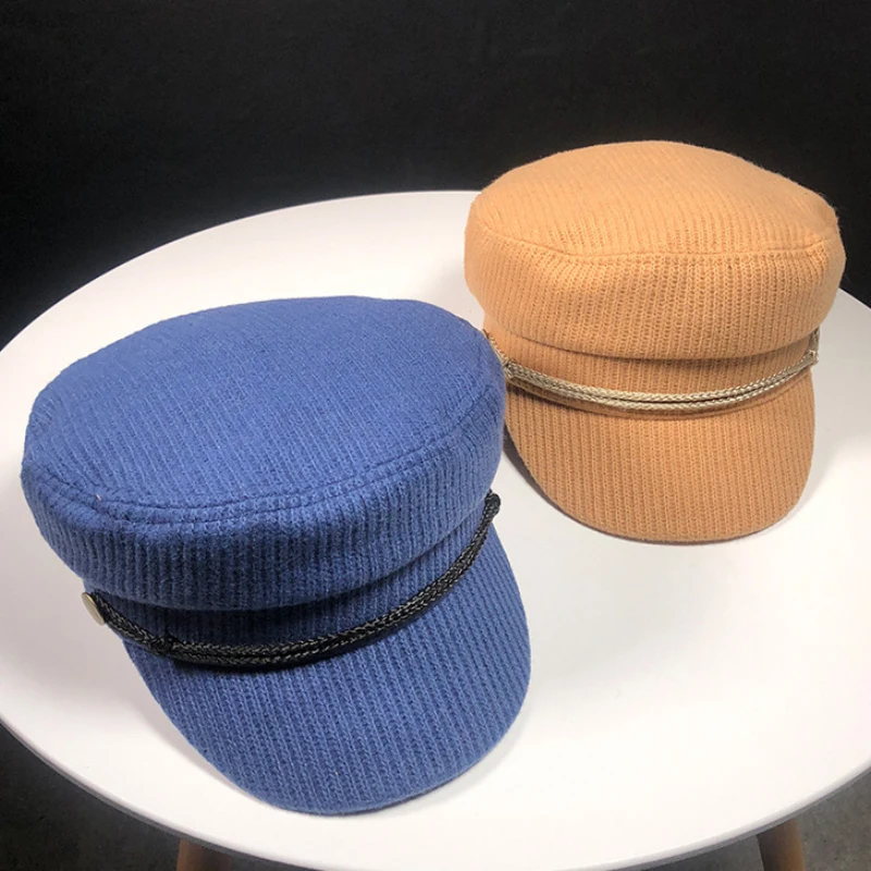 

HT2042 Women Beret Solid Female Knitted Newsboy Cap Flat Top Army Sailor Military Caps for Women Ladies Autumn Winter Beret Cap