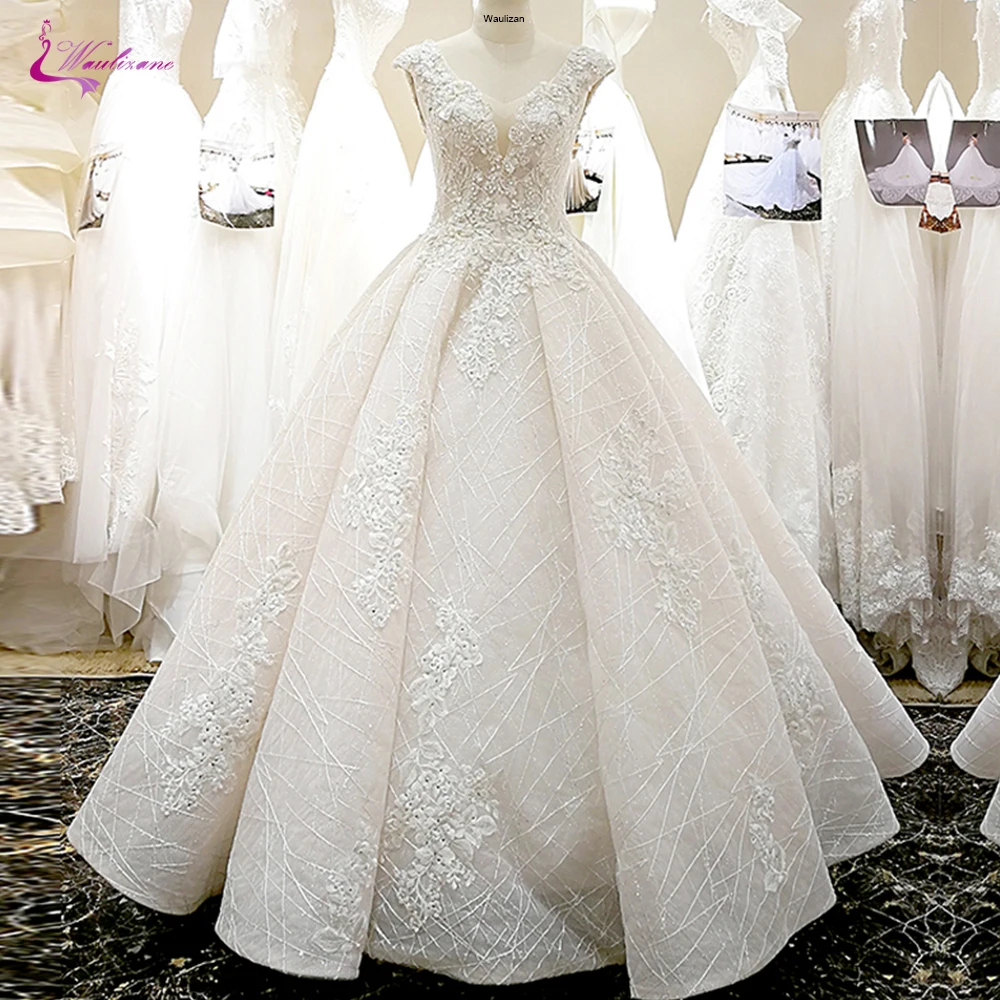 Vestido de Noiva Linha com Beading Saia de Rendas até Vestido de Noiva V-decote de 3d Waulizane Flores Elegante Saia de Rendas até um