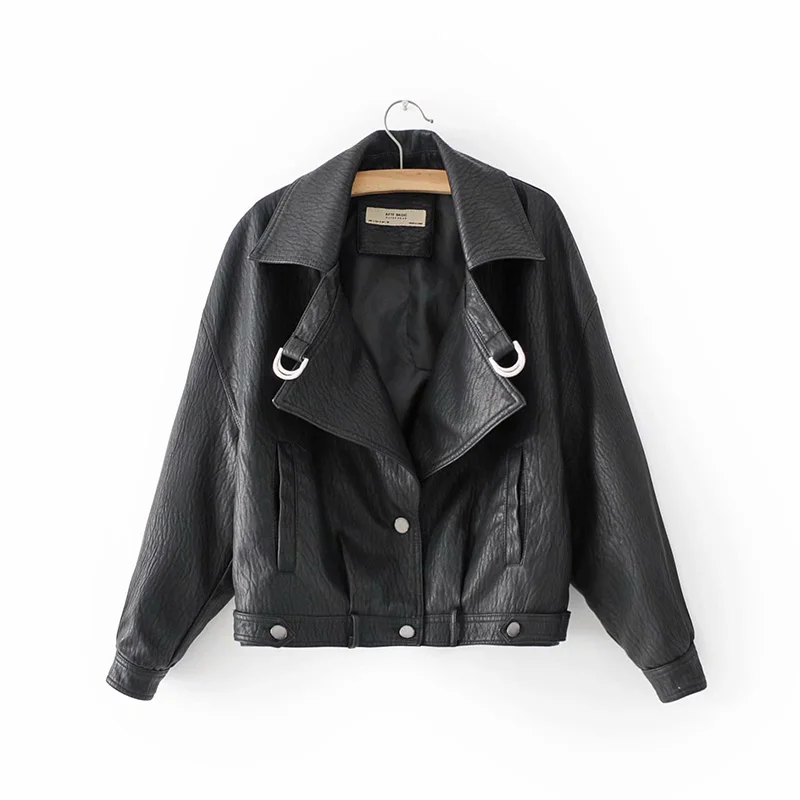 Europe Spring Women's Leather Jacket Button Turn Down
