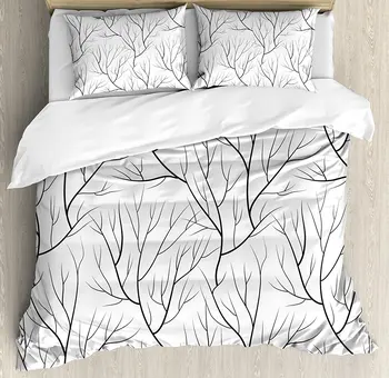 

Duvet Cover Set, Winter Tree without Leaves Nature Theme Delicate Branches Pattern Japanese Style, 4 Piece Bedding Set