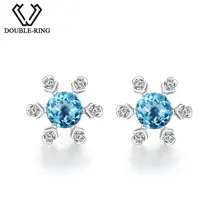 DOUBLE-R 925 Sterling Sliver Fine Jewelry Blue Topaz Stud Earrings Snow Flower Women Earrings Romantic Girls Gift CASE00711B