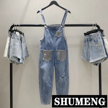 

European High Waist Cowboy Pants Women 2019 Spring and Summer Hot Drill Jumpsuit Broken Hole Denim Overall Rompers