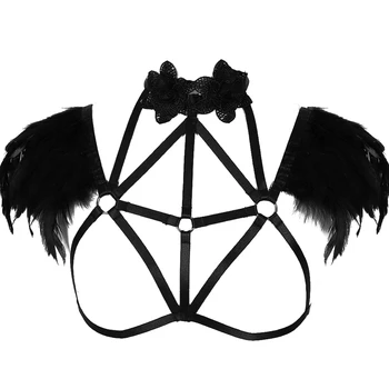 

Feather Harness Bralette Shoulder Wings Strap Harness Cage Bra Body Bondage Goth Steampunk Fetish Cosplay Dance Rave Lingerie