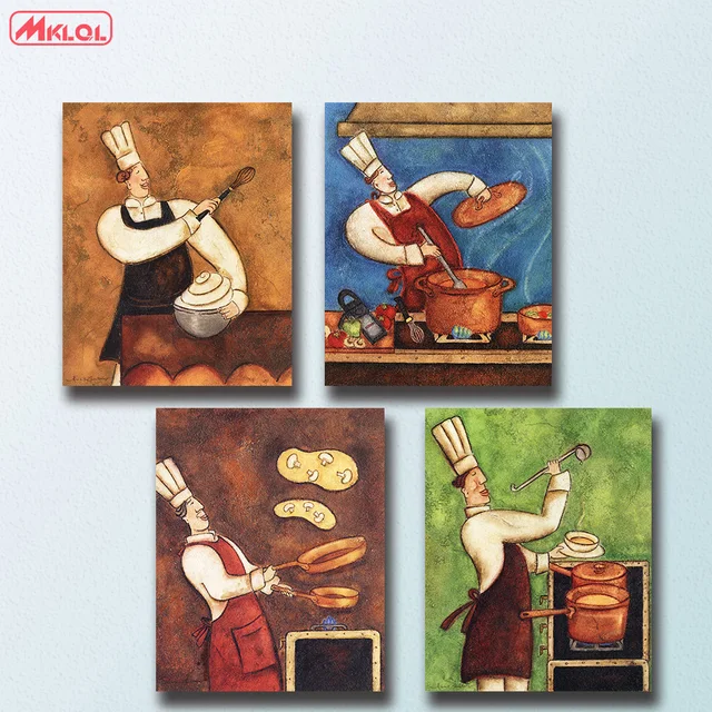 4 Pieces Modern Abstract Canvas Painting Funny Chef Wall Art For