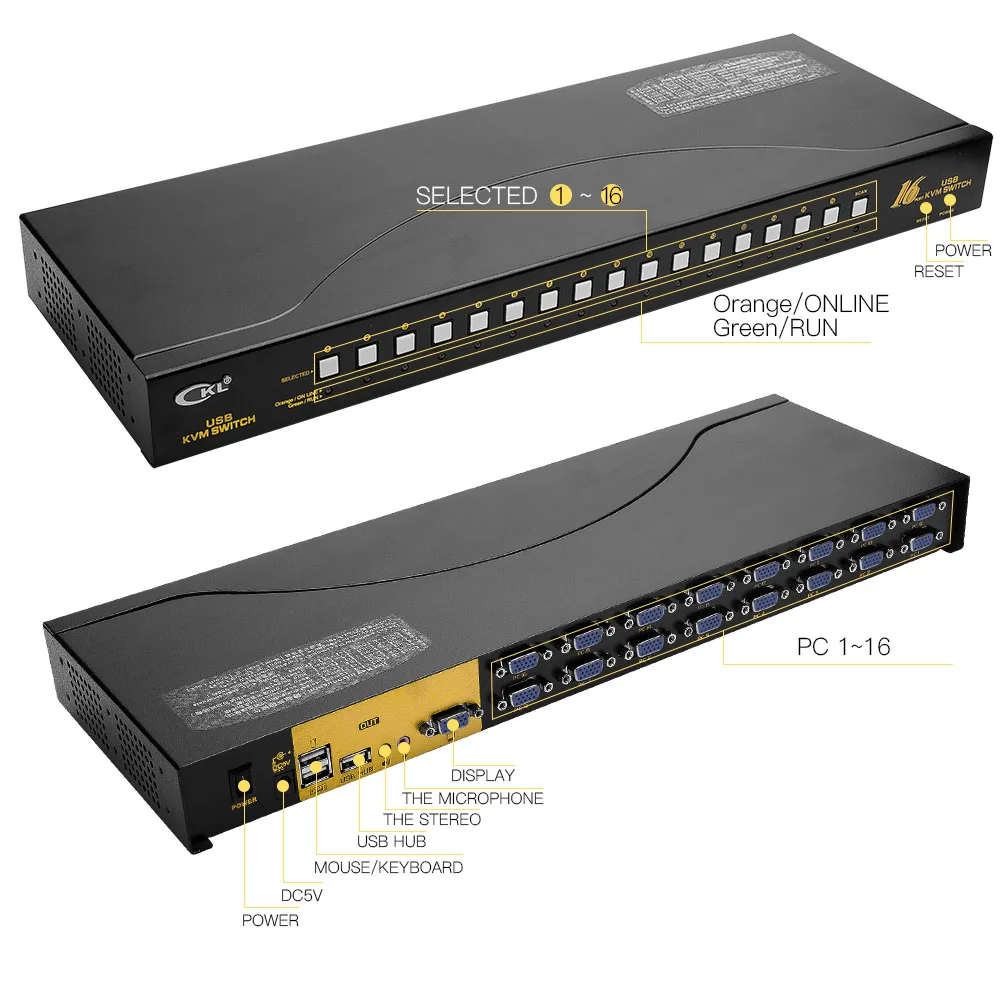 USB KVM коммутатор VGA 16 Порты и разъёмы с кабелями, монитор компьютера клавиатура Мышь Switcher Поддержка аудио и микрофон стойку CKL-9116UA