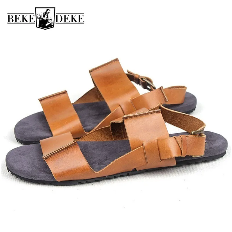 

Summer New Mens Shoes Genuine Leather Roman Sandals Vintage Casual Open Toe Outdoor Non-slip Walking Sandalia Masculina Slides