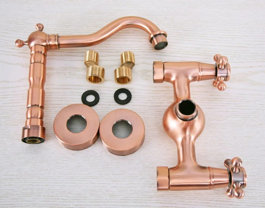 Antique Red Copper Brass Wall Mounted Bathroom Kitchen Sink Faucet Swivel Spout Mixer Tap Double Cross Handles Levers anf945